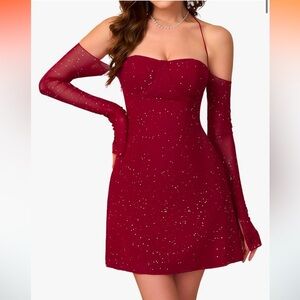 Sparkly Off Shoulder Long Sleeve Mini Dress